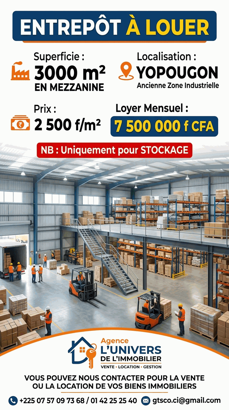 Entrepôt 3000m² avec mezzanine à louer Yopougon zone industrielle