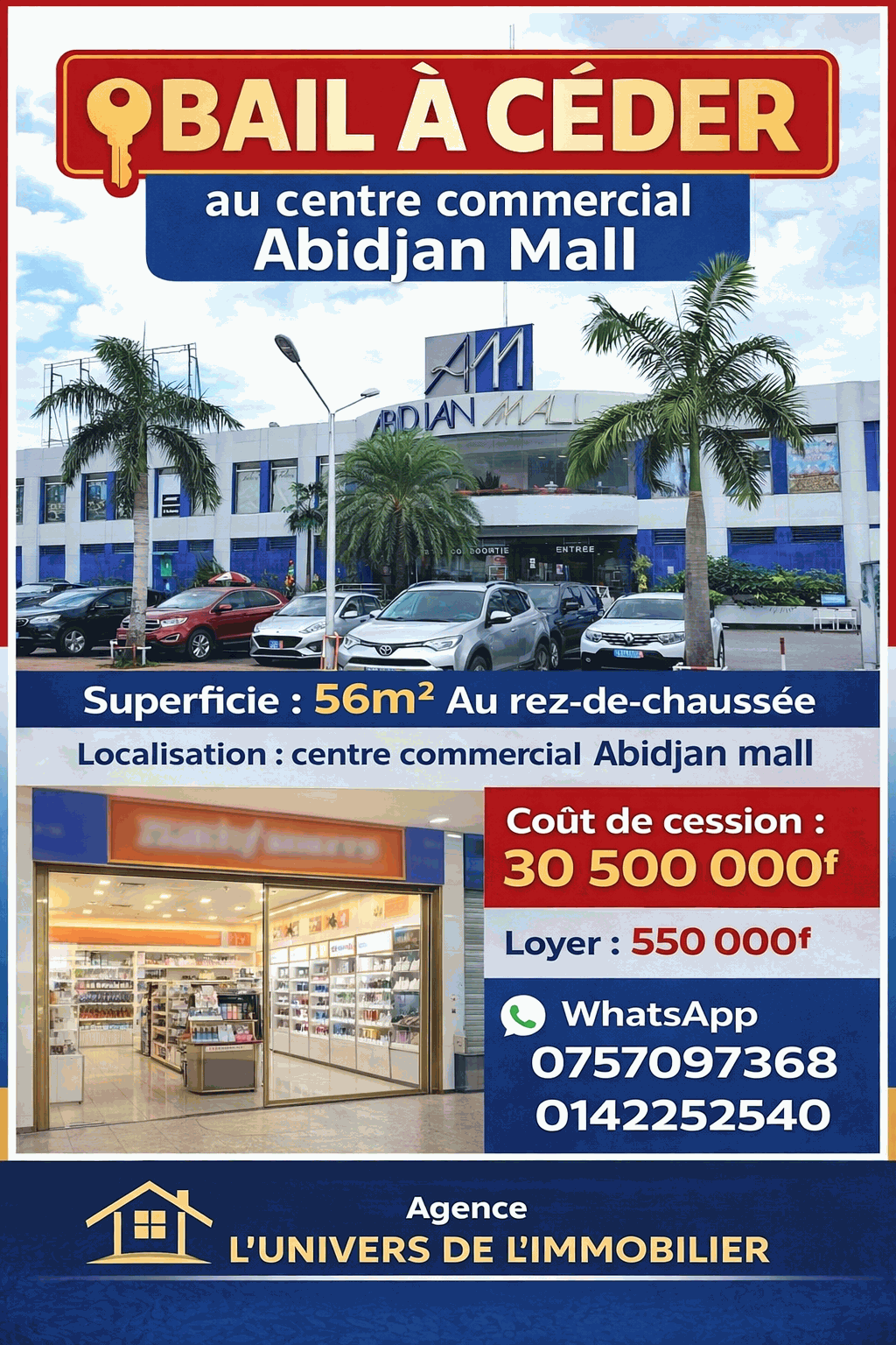 Magasin 56m² à céder au centre commercial Abidjan MALL Cocody