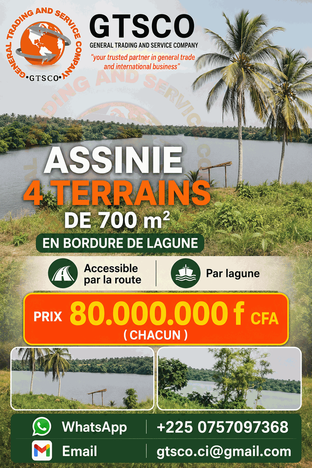 Assinie 4 terrains de 700m² en bordure de lagune avec ACD