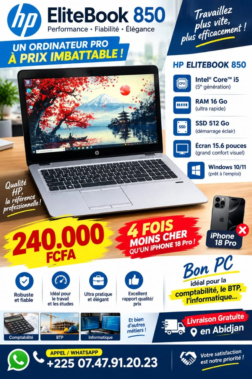 HP ELITEBOOK850G3 CORE i5 IDEAL POUR LA COMPTABILITE