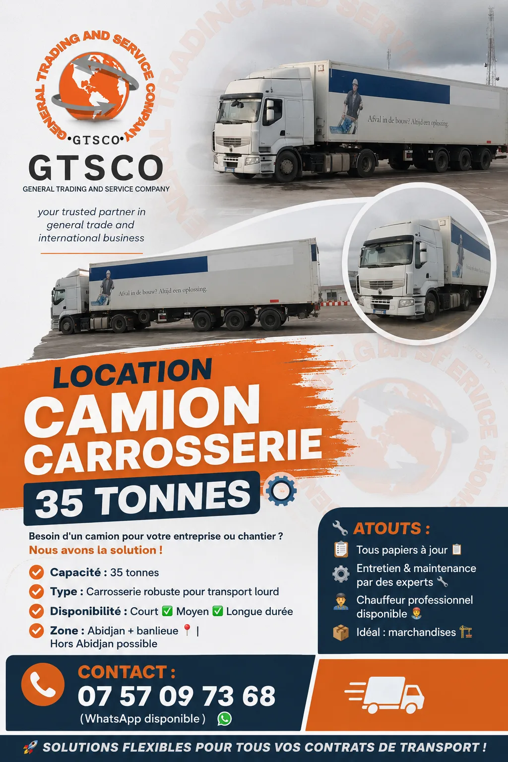 Location camion carrosserie 35 tonnes pour transport de marchandises
