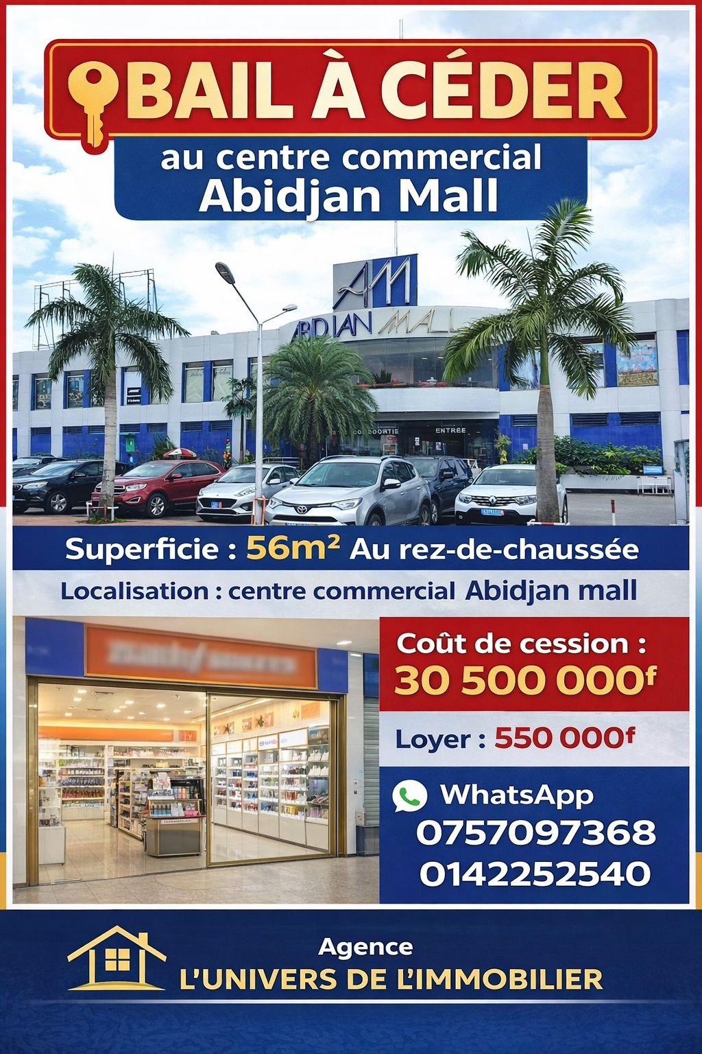 Magasin 56m² à céder au centre commercial Abidjan MALL Cocody