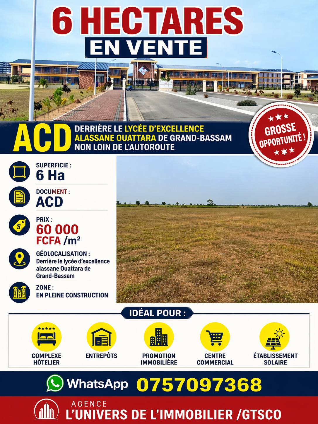 6 hectares avec ACD en vente à bassam lycée d’excellence