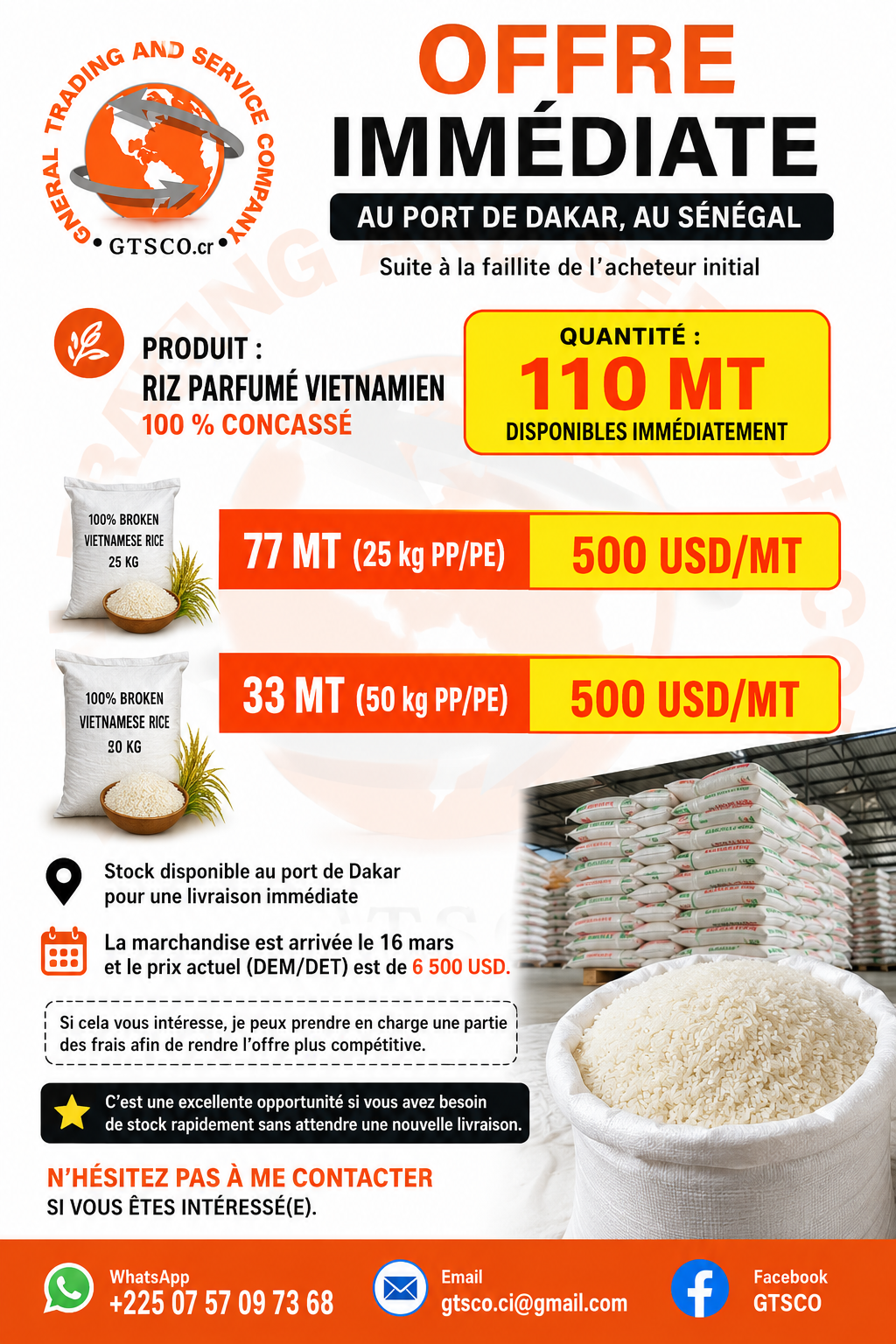 110 tonnes de riz vietnamien parfumé 100% brisé au port de Dakar