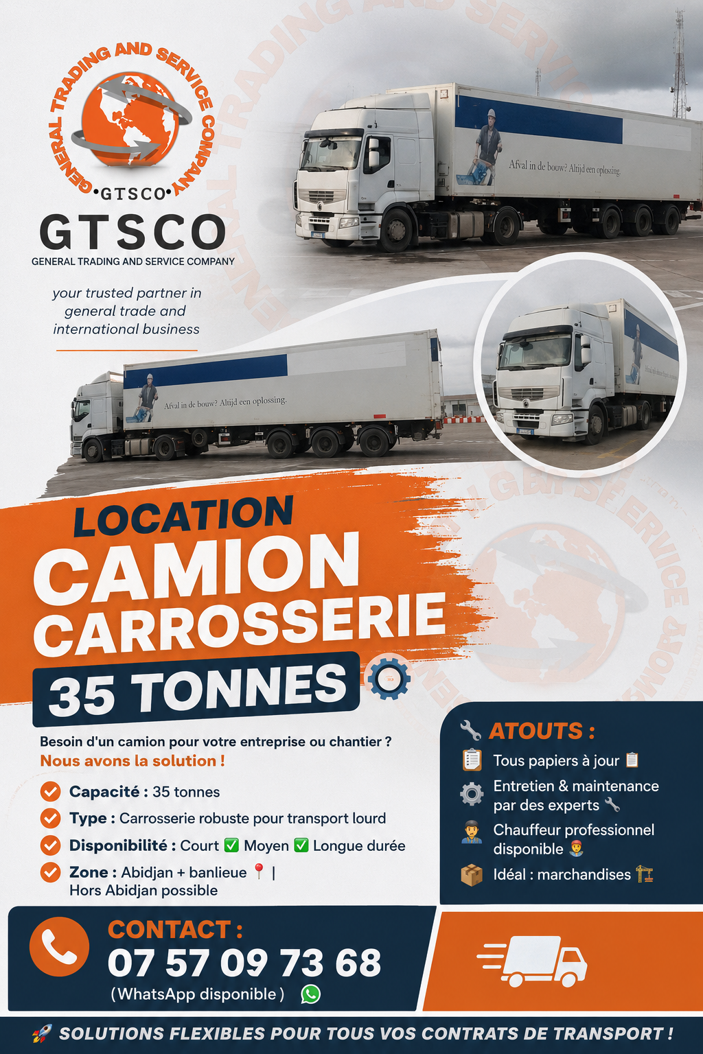 Location camion carrosserie 35 tonnes pour transport de marchandises