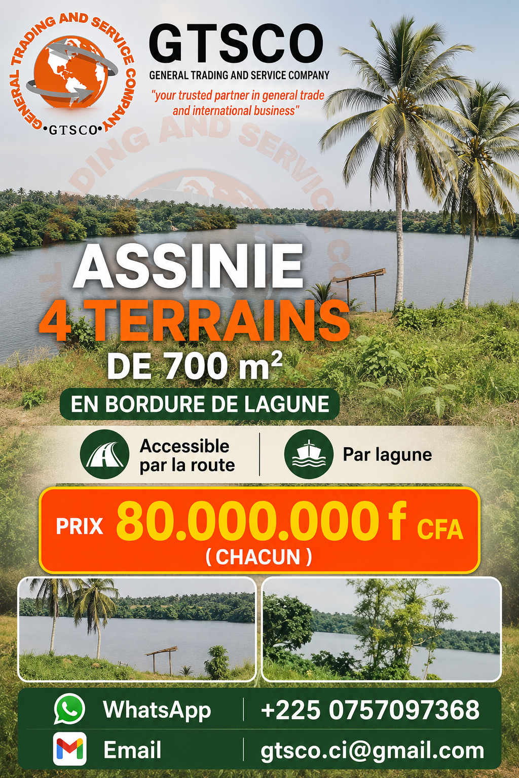 Assinie 4 terrains de 700m² en bordure de lagune avec ACD